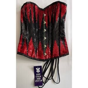 Violet Vixen Red Black Sequin Bustier Corset Sz 24 Steel Boning New NWT